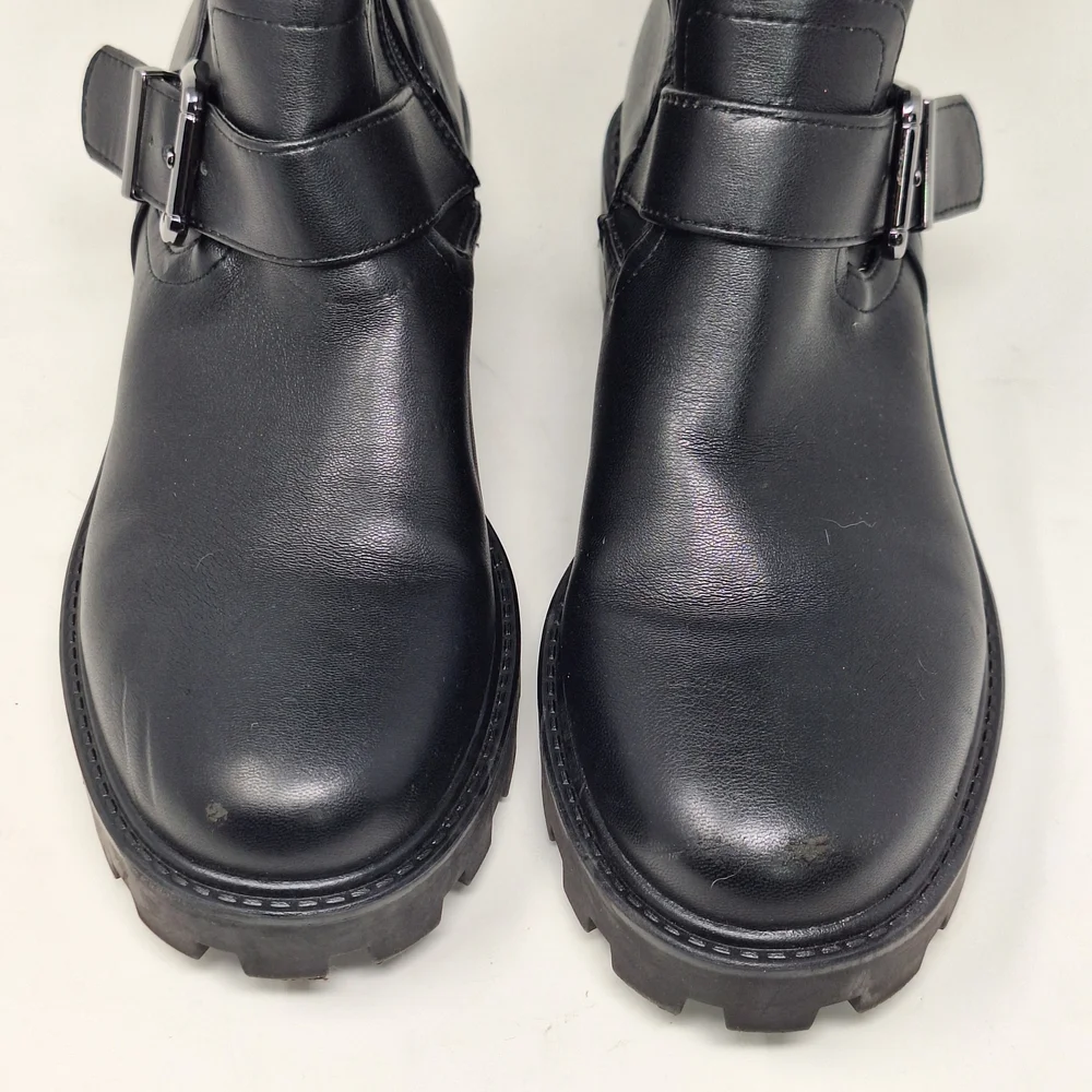 Marc Fisher Ganven Lug Sole Black Biker Thigh-High Boots With Buckles